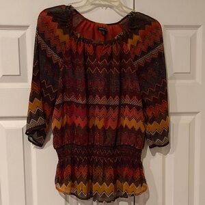 Boho Chevron Peasant Blouse in Rust Multi-Color